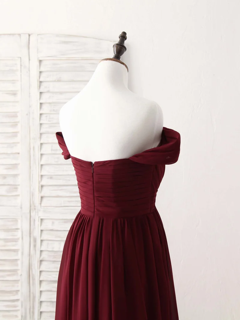 Robe de bal élégante bordeaux en mousseline de soie à épaules dénudées, robe de demoiselle d'honneur