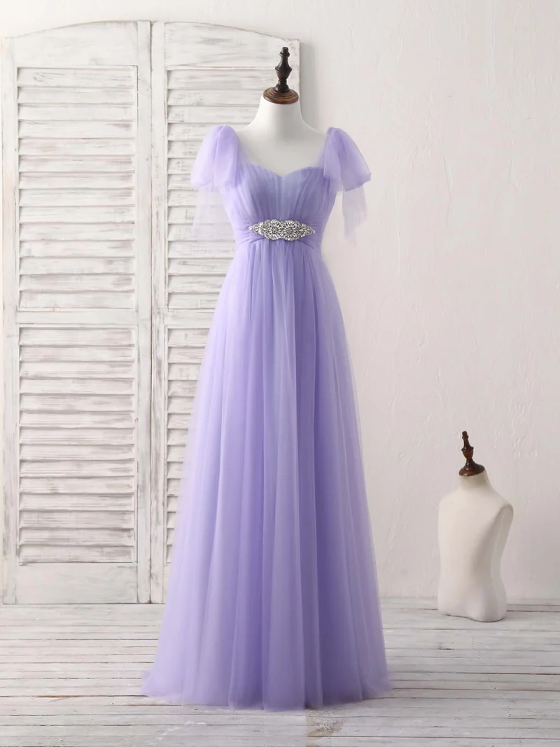 Robe de bal longue en tulle violet à col en cœur pour demoiselles d'honneur