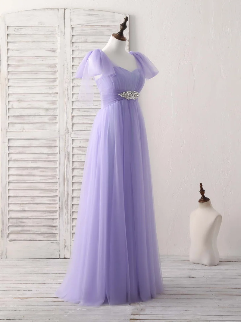 Robe de bal longue en tulle violet à col en cœur pour demoiselles d'honneur