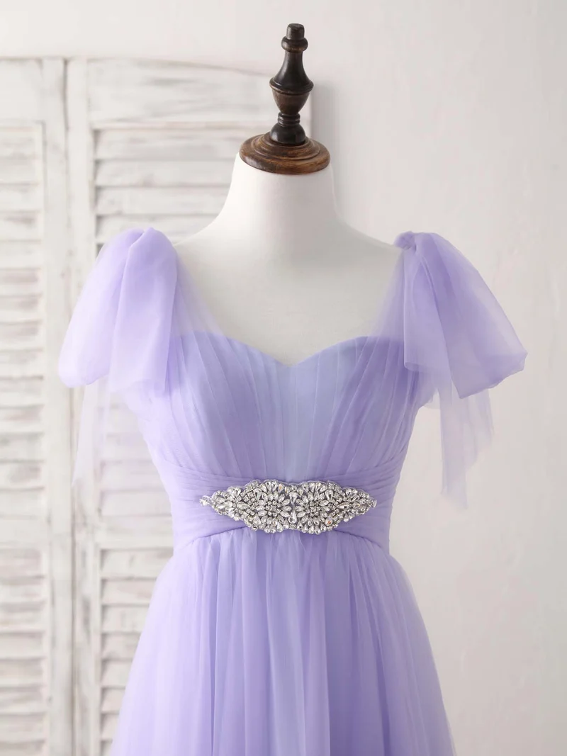 Robe de bal longue en tulle violet à col en cœur pour demoiselles d'honneur