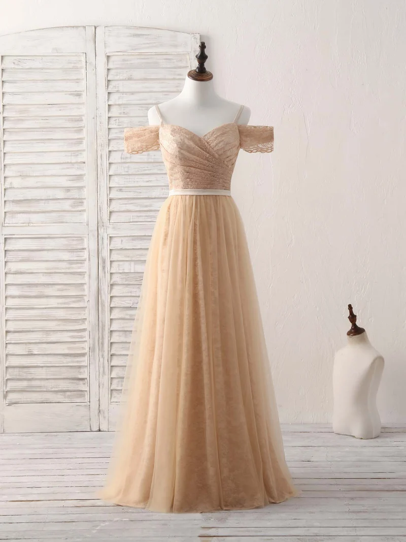 Robe de demoiselle d'honneur longue en tulle et dentelle, élégante et champagne, épaules dénudées, pour occasions spéciales