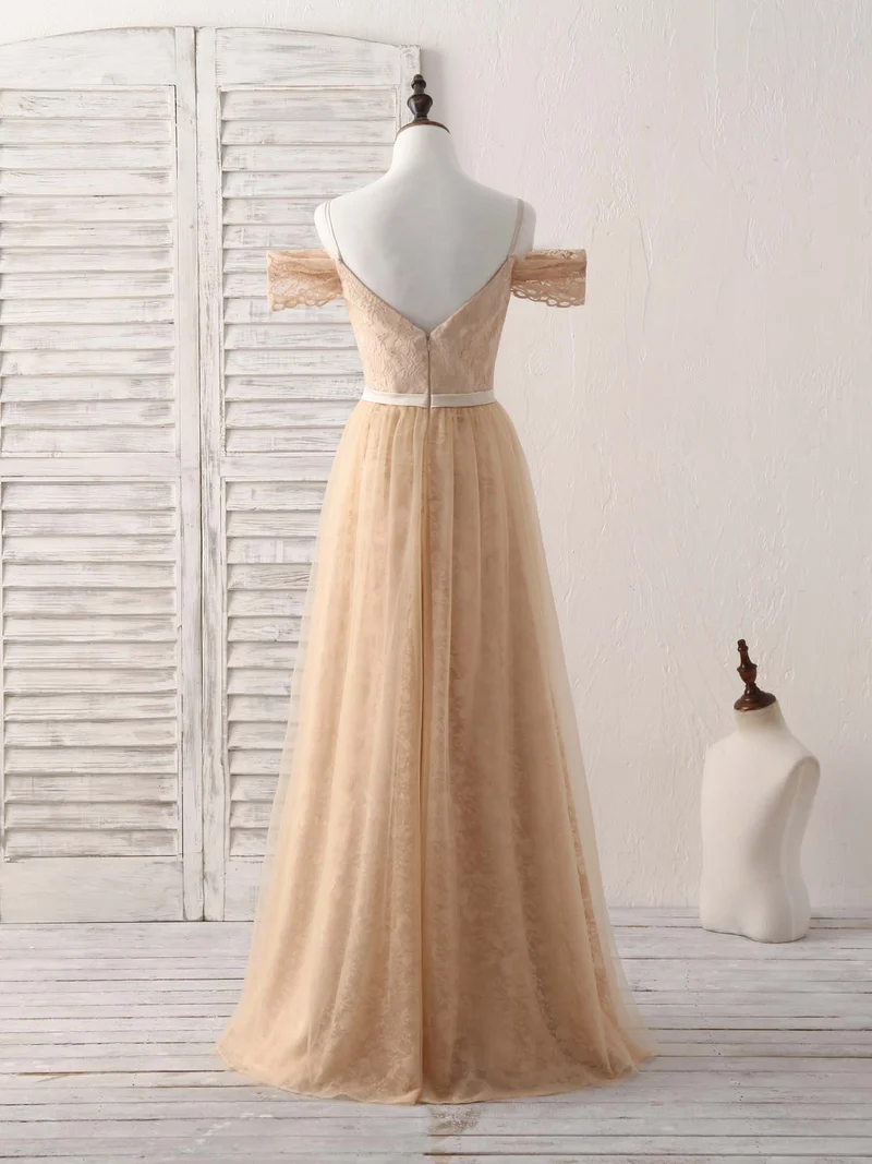 Robe de demoiselle d'honneur longue en tulle et dentelle, élégante et champagne, épaules dénudées, pour occasions spéciales