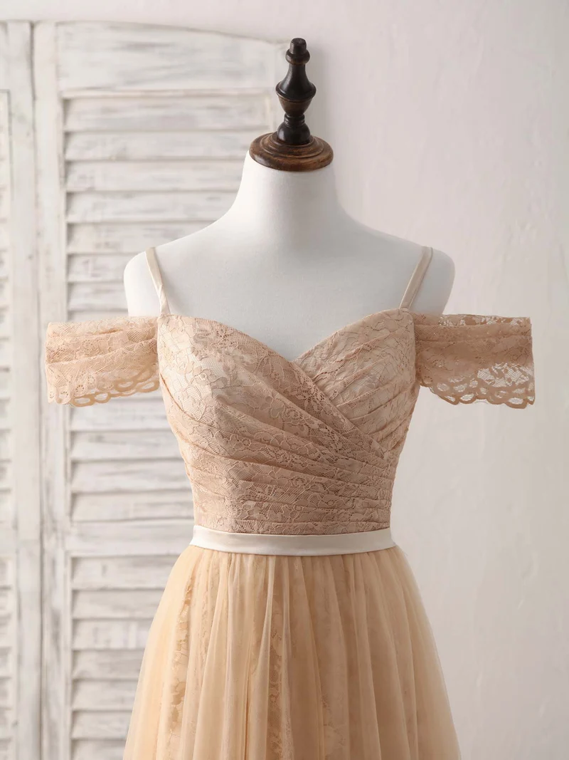 Robe de demoiselle d'honneur longue en tulle et dentelle, élégante et champagne, épaules dénudées, pour occasions spéciales