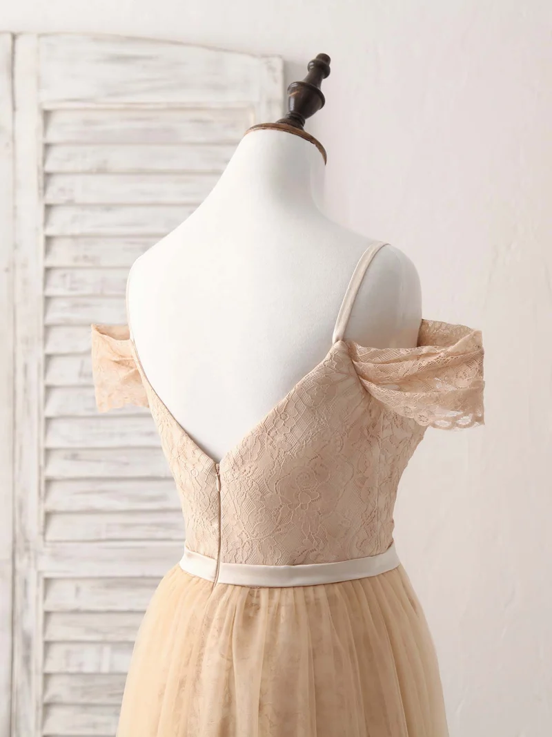 Robe de demoiselle d'honneur longue en tulle et dentelle, élégante et champagne, épaules dénudées, pour occasions spéciales