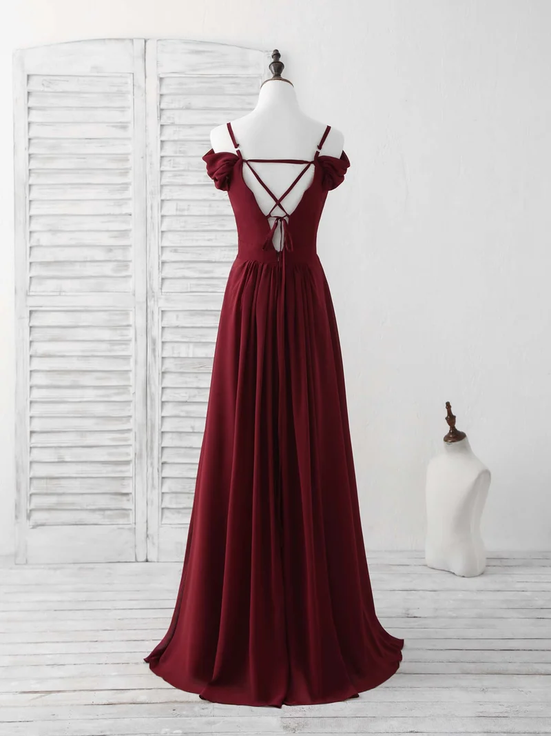 Robe de bal élégante en mousseline de soie bordeaux, longue, en dentelle, pour demoiselle d'honneur, pour mariage