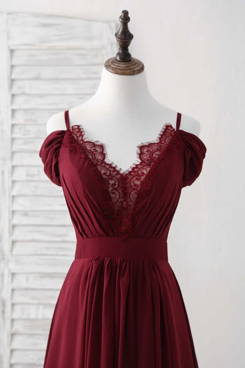 Robe de bal élégante en mousseline de soie bordeaux, longue, en dentelle, pour demoiselle d'honneur, pour mariage