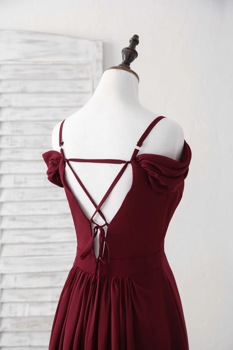 Robe de bal élégante en mousseline de soie bordeaux, longue, en dentelle, pour demoiselle d'honneur, pour mariage