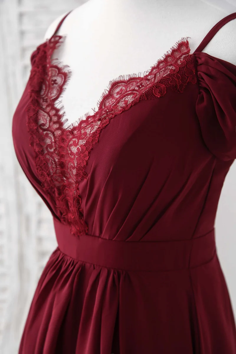 Robe de bal élégante en mousseline de soie bordeaux, longue, en dentelle, pour demoiselle d'honneur, pour mariage