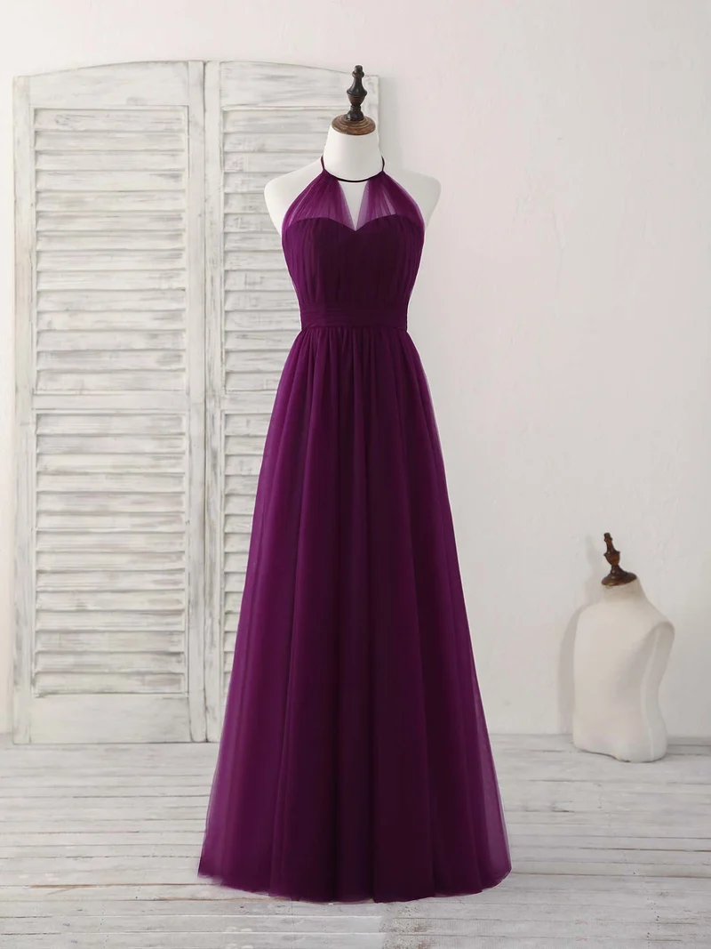 Robe de bal longue violette élégante en tulle coupe A pour demoiselles d'honneur et occasions spéciales