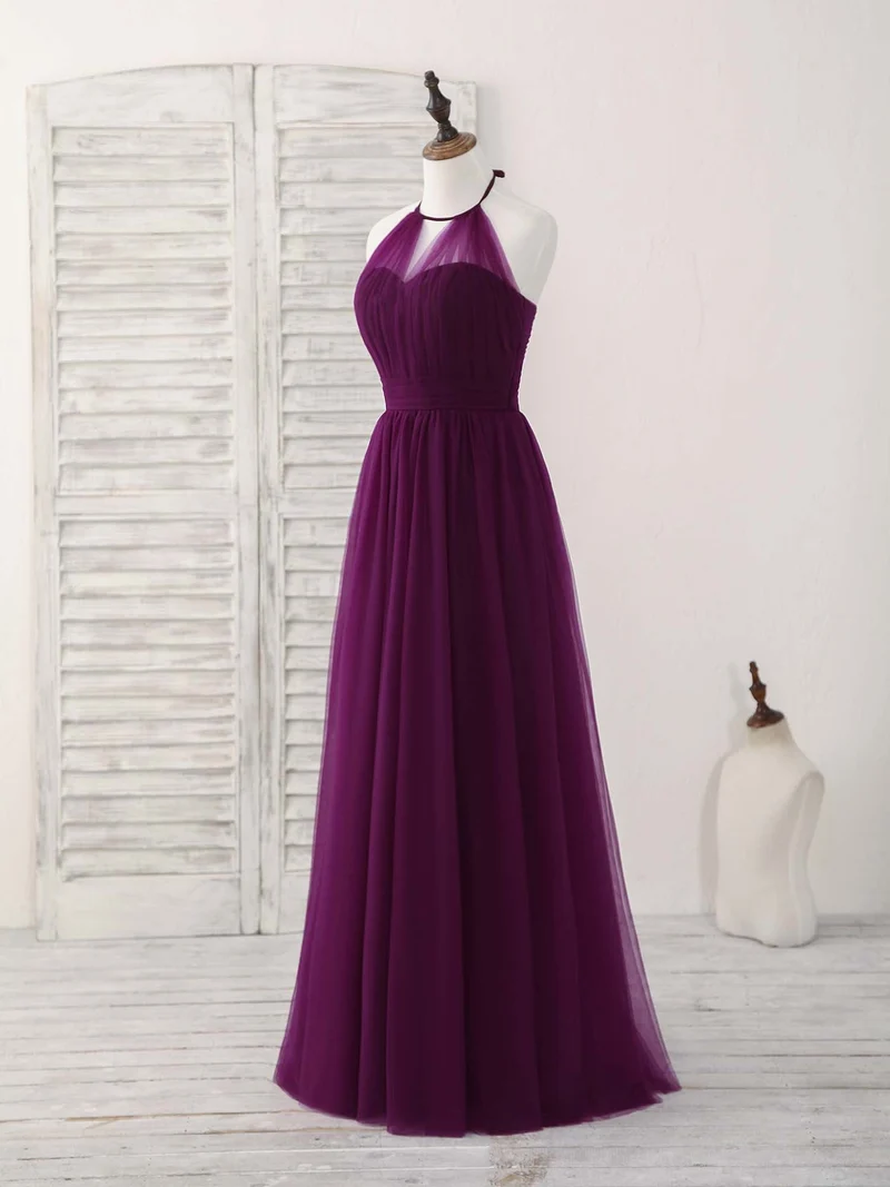 Robe de bal longue violette élégante en tulle coupe A pour demoiselles d'honneur et occasions spéciales