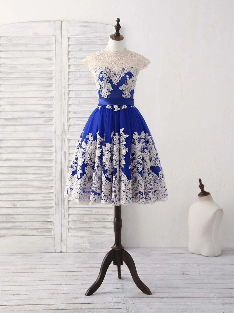 Robe de bal courte élégante en tulle bleu avec appliques en dentelle, robe de demoiselle d'honneur