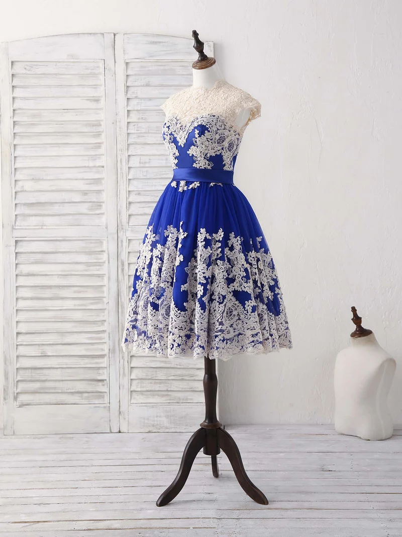 Robe de bal courte élégante en tulle bleu avec appliques en dentelle, robe de demoiselle d'honneur