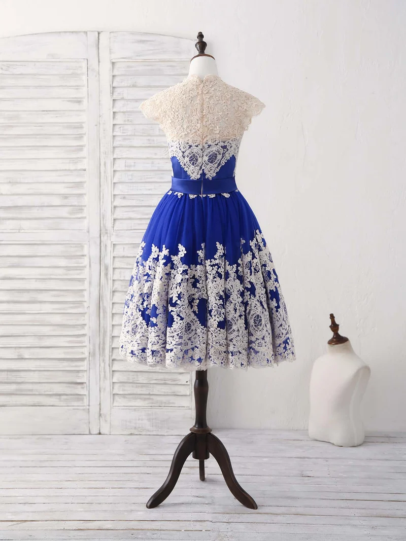 Robe de bal courte élégante en tulle bleu avec appliques en dentelle, robe de demoiselle d'honneur