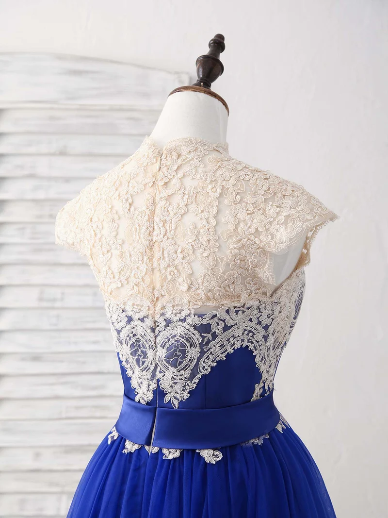 Robe de bal courte élégante en tulle bleu avec appliques en dentelle, robe de demoiselle d'honneur