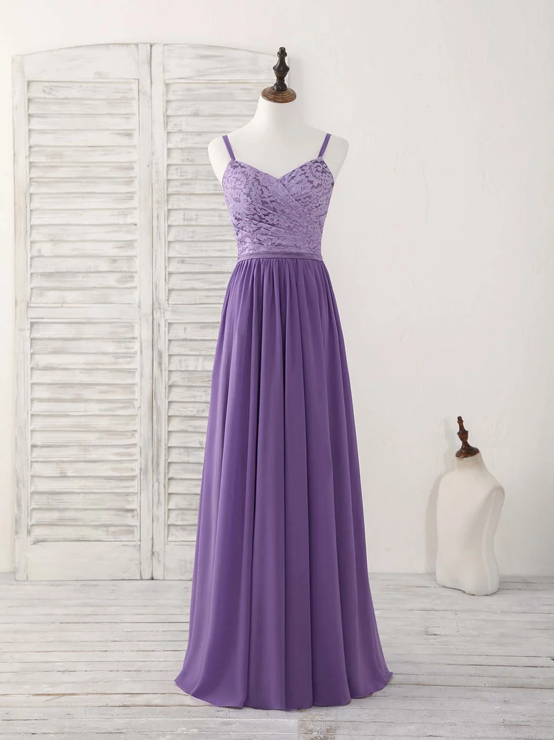 Élégante robe de bal longue en mousseline de soie et dentelle violette, superbe robe de demoiselle d'honneur pour les occasions spéciales
