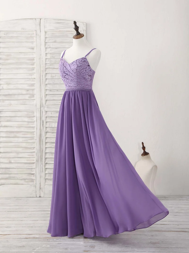 Élégante robe de bal longue en mousseline de soie et dentelle violette, superbe robe de demoiselle d'honneur pour les occasions spéciales