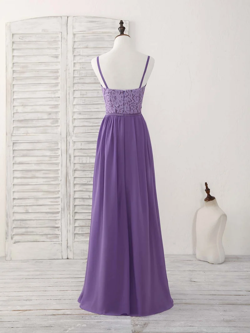 Élégante robe de bal longue en mousseline de soie et dentelle violette, superbe robe de demoiselle d'honneur pour les occasions spéciales