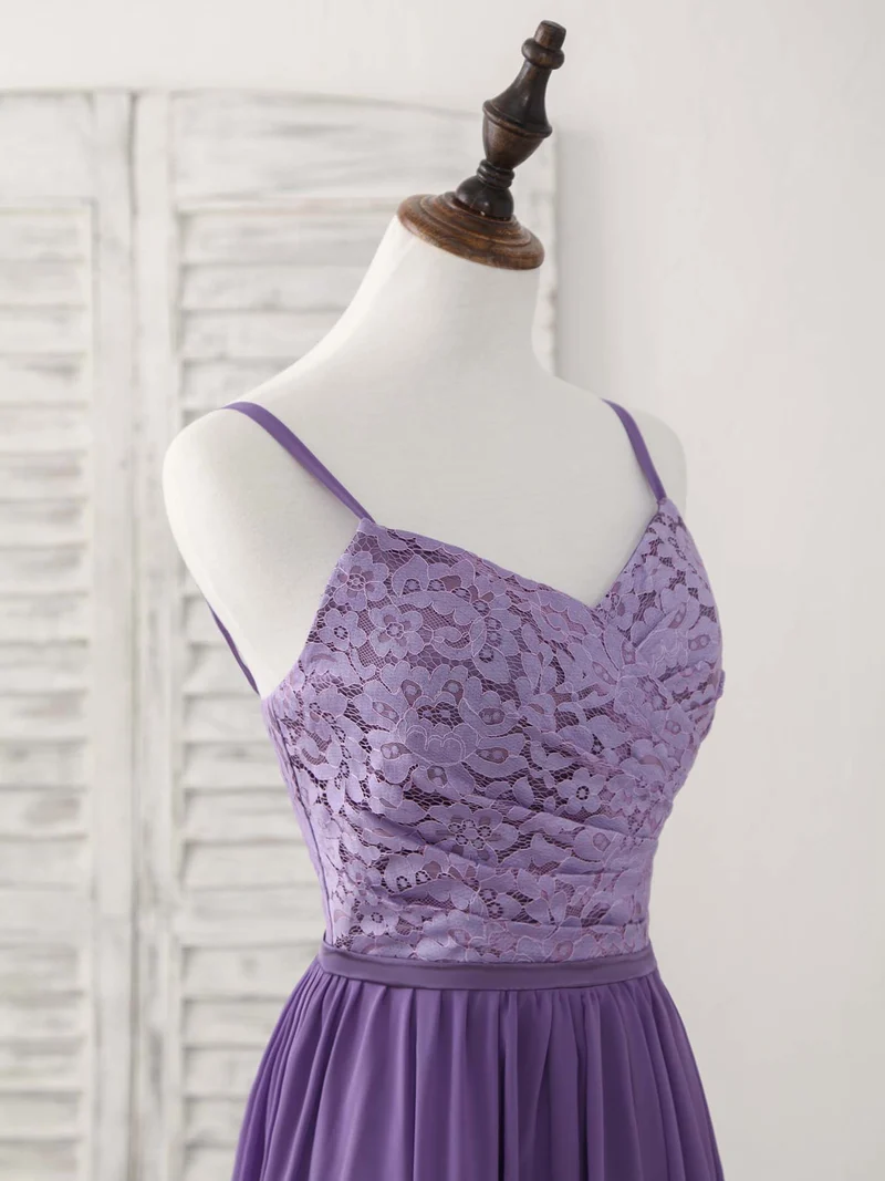 Élégante robe de bal longue en mousseline de soie et dentelle violette, superbe robe de demoiselle d'honneur pour les occasions spéciales