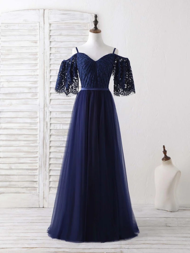 Robe de soirée élégante bleu foncé en tulle et dentelle, coupe trapèze