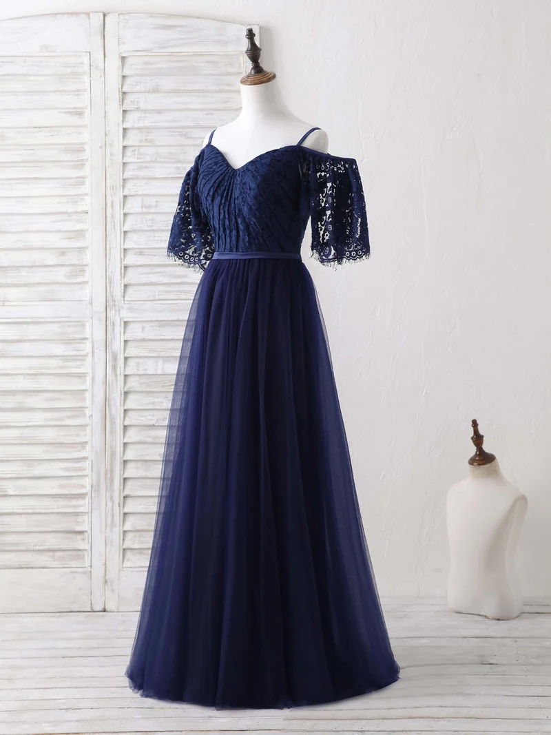 Robe de soirée élégante bleu foncé en tulle et dentelle, coupe trapèze