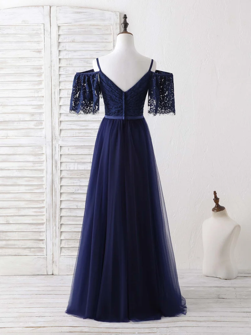 Robe de soirée élégante bleu foncé en tulle et dentelle, coupe trapèze