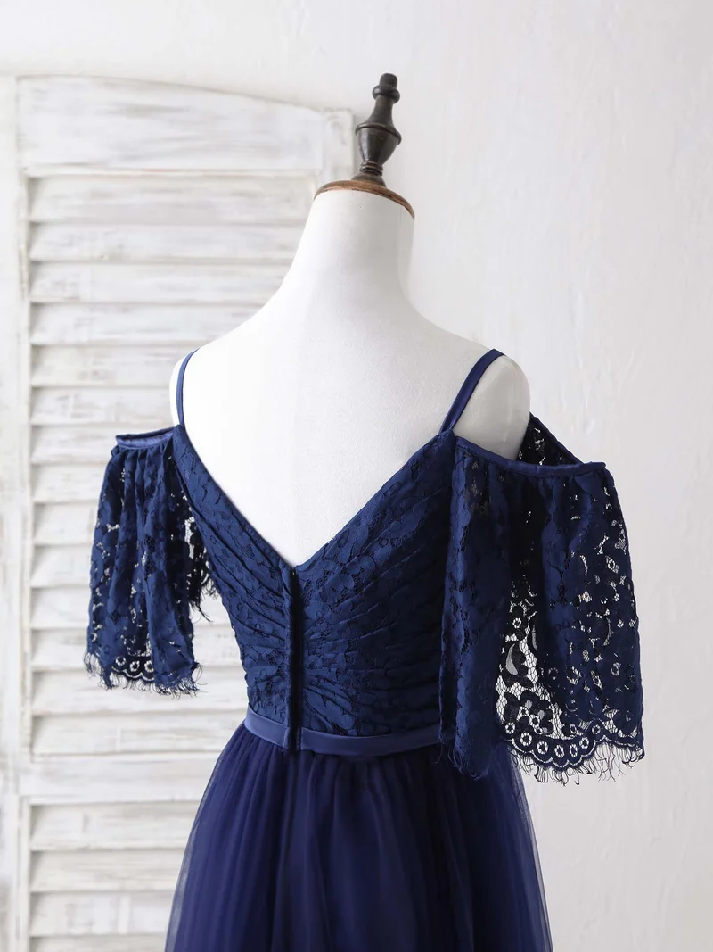 Robe de soirée élégante bleu foncé en tulle et dentelle, coupe trapèze