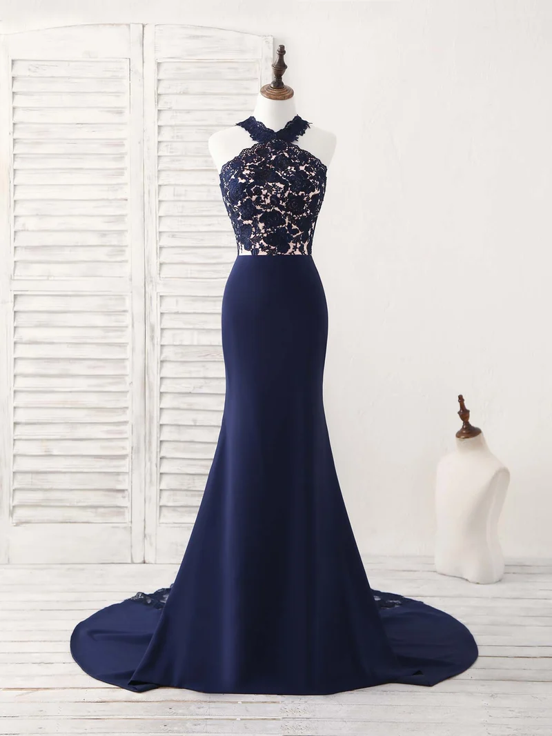 Robe de bal sirène longue et élégante en dentelle bleu foncé, robe de demoiselle d'honneur