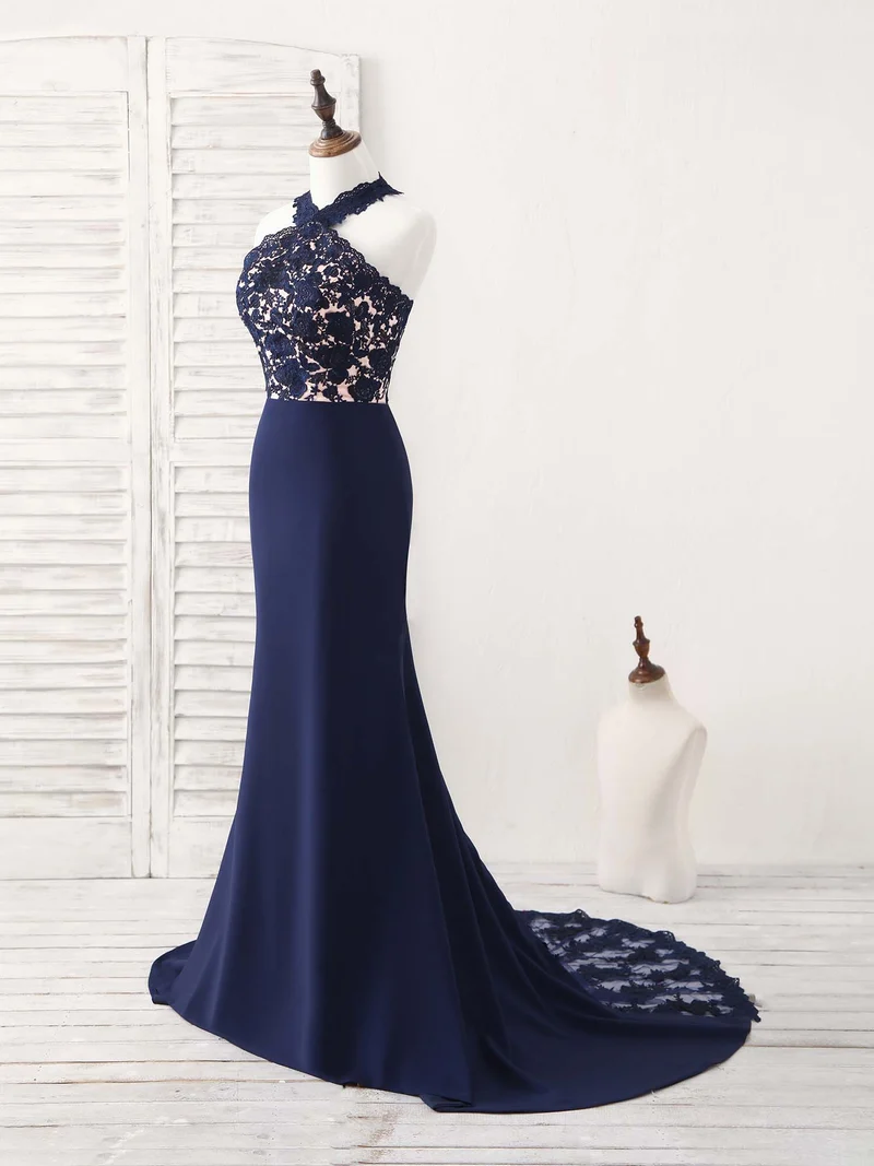 Robe de bal sirène longue et élégante en dentelle bleu foncé, robe de demoiselle d'honneur