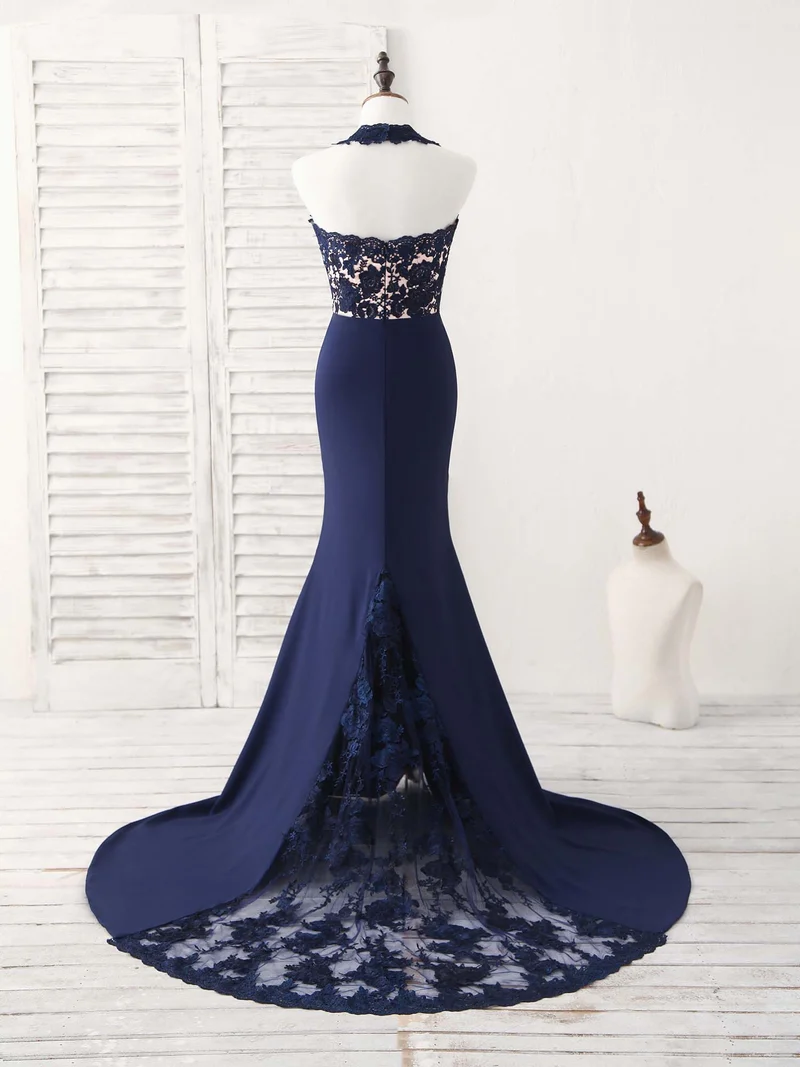 Robe de bal sirène longue et élégante en dentelle bleu foncé, robe de demoiselle d'honneur