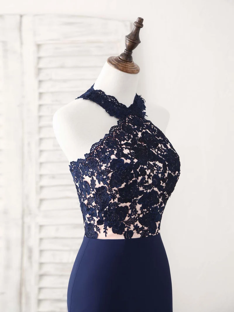Robe de bal sirène longue et élégante en dentelle bleu foncé, robe de demoiselle d'honneur