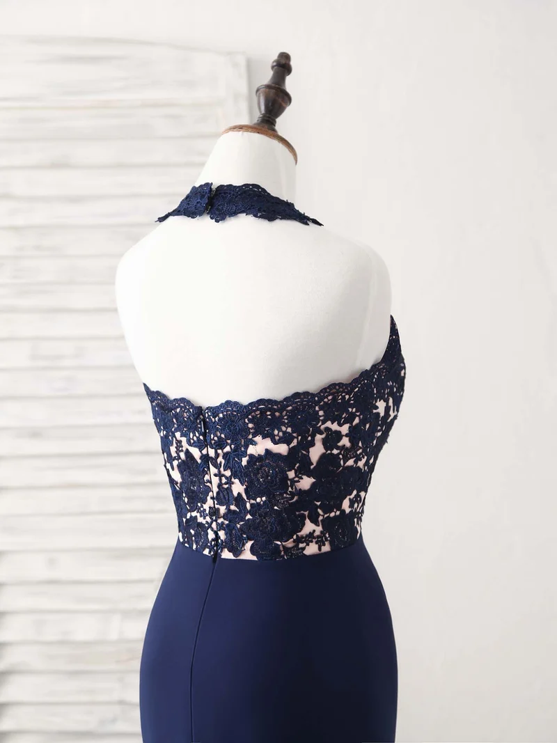 Robe de bal sirène longue et élégante en dentelle bleu foncé, robe de demoiselle d'honneur
