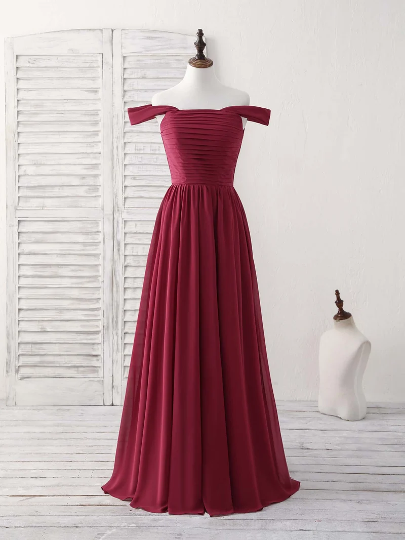 Robe de bal longue et élégante en mousseline bordeaux à épaules dénudées pour demoiselles d'honneur