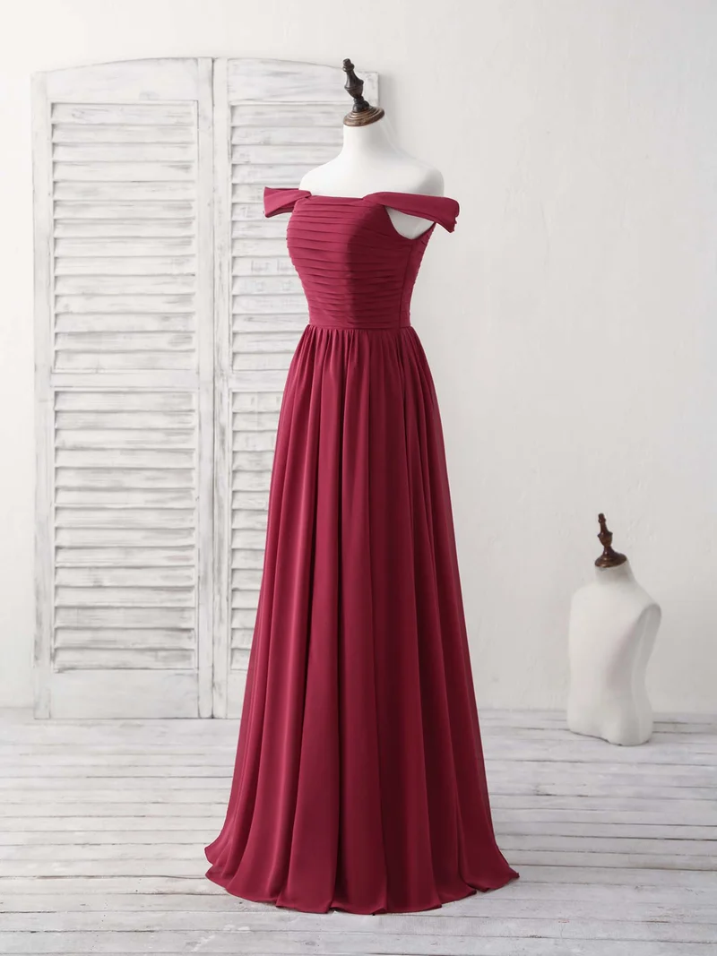 Robe de bal longue et élégante en mousseline bordeaux à épaules dénudées pour demoiselles d'honneur