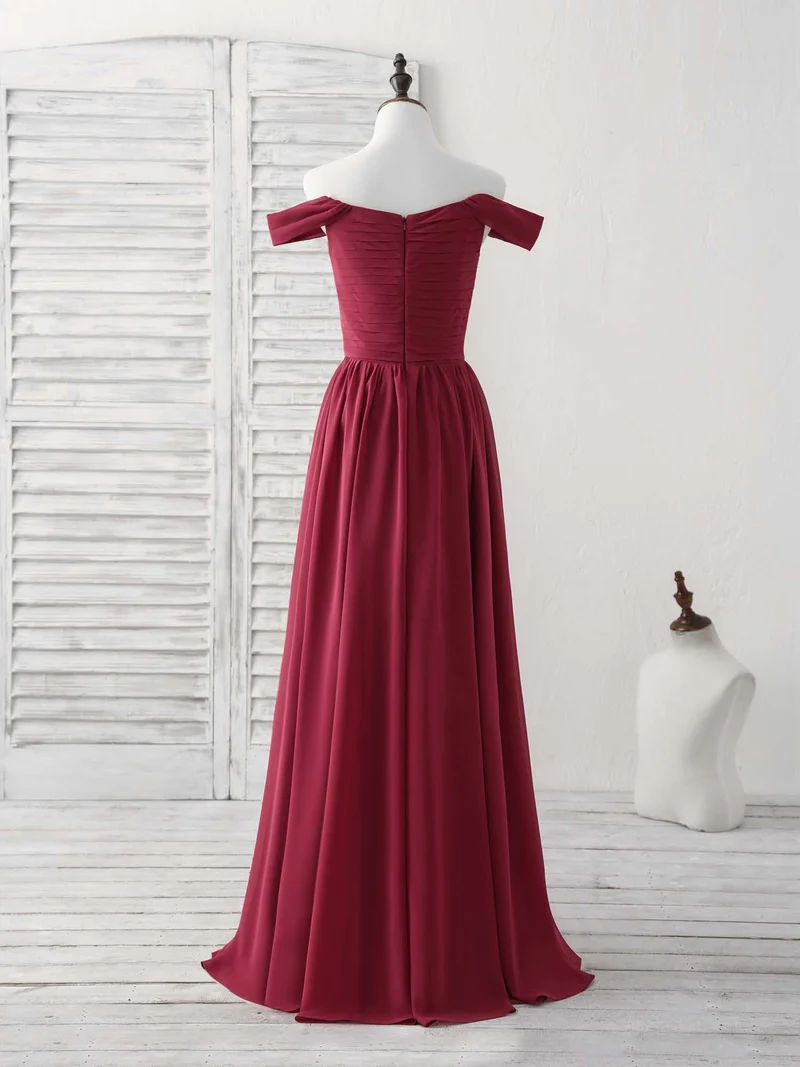 Robe de bal longue et élégante en mousseline bordeaux à épaules dénudées pour demoiselles d'honneur