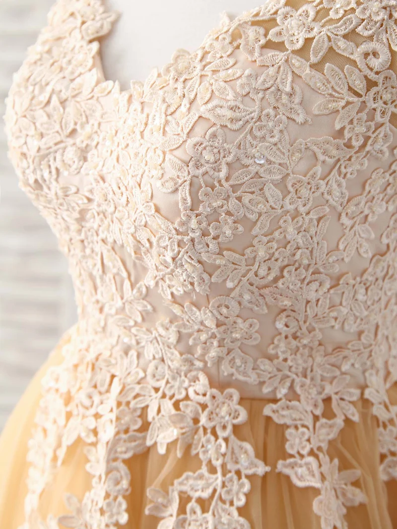 Robe de bal courte élégante en tulle et dentelle avec col en V et appliques champagne