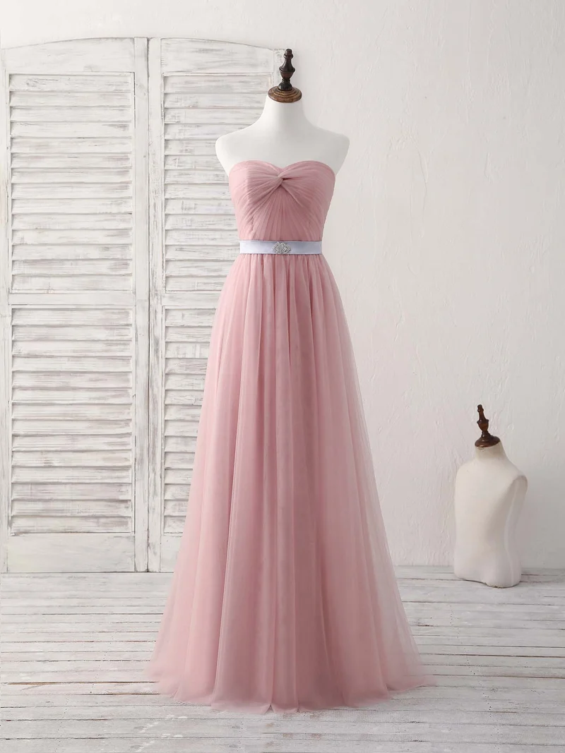 Robe de soirée longue et élégante en tulle rose à col en cœur