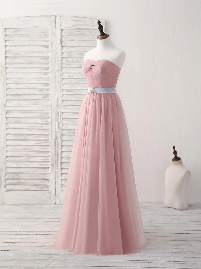 Robe de soirée longue et élégante en tulle rose à col en cœur