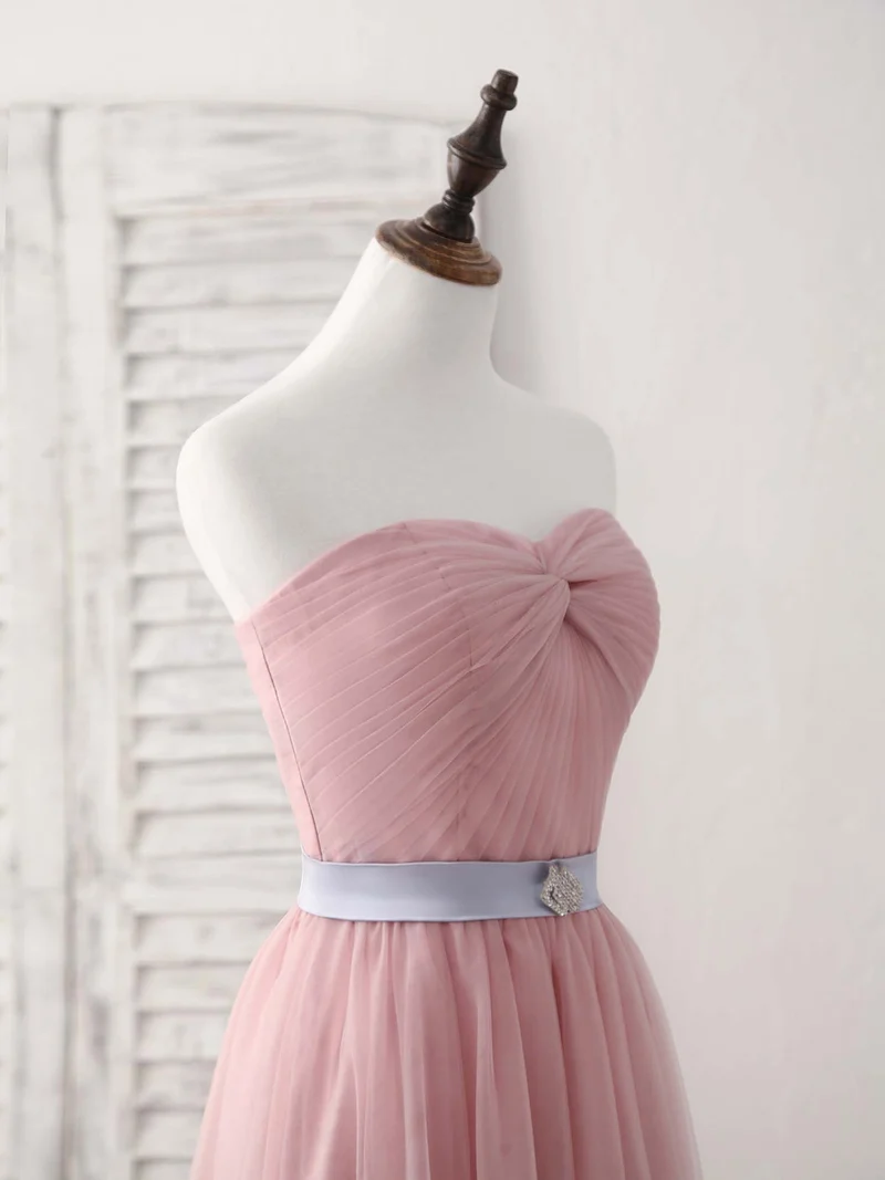 Robe de soirée longue et élégante en tulle rose à col en cœur