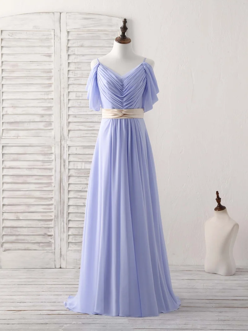 Robe de soirée longue élégante en mousseline de soie à col en V et épaules dénudées