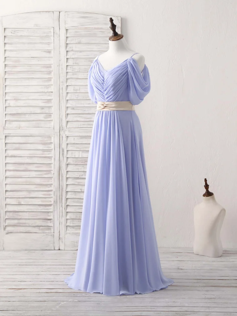 Robe de soirée longue élégante en mousseline de soie à col en V et épaules dénudées