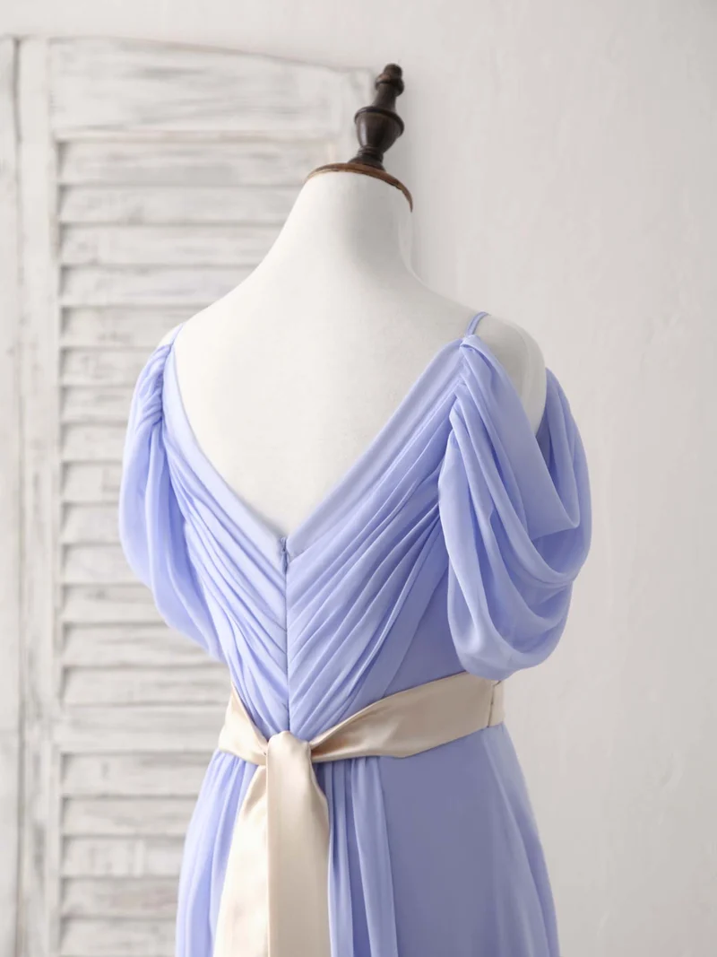 Robe de soirée longue élégante en mousseline de soie à col en V et épaules dénudées