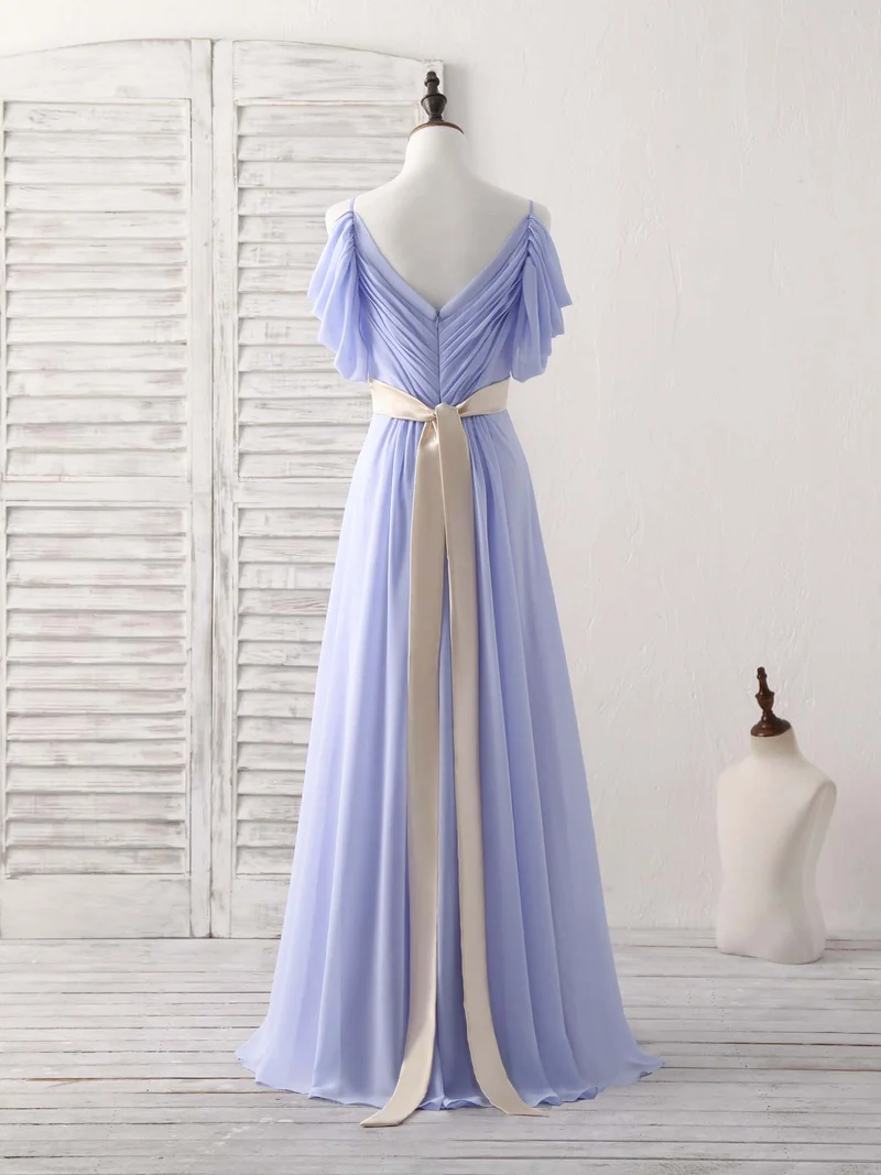 Robe de soirée longue élégante en mousseline de soie à col en V et épaules dénudées