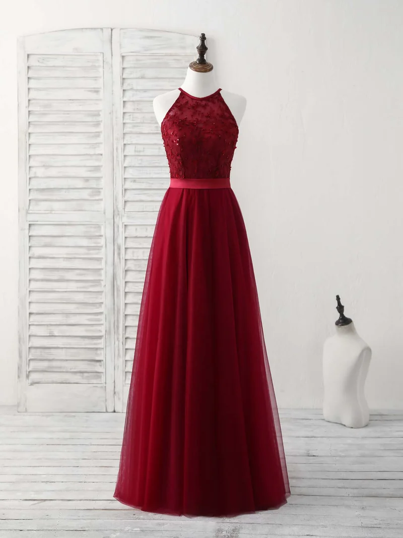 Robe de demoiselle d'honneur élégante en tulle bordeaux et dentelle, longue, pour occasions spéciales