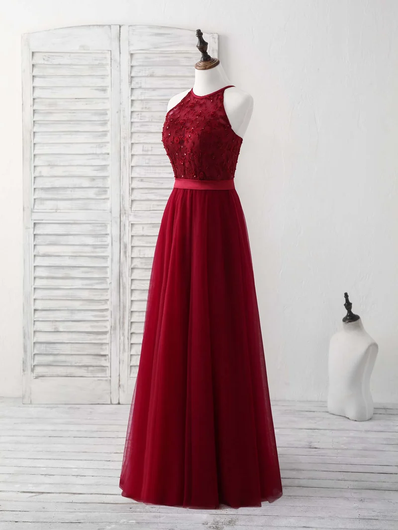 Robe de demoiselle d'honneur élégante en tulle bordeaux et dentelle, longue, pour occasions spéciales