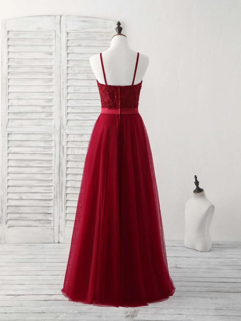 Robe de demoiselle d'honneur élégante en tulle bordeaux et dentelle, longue, pour occasions spéciales