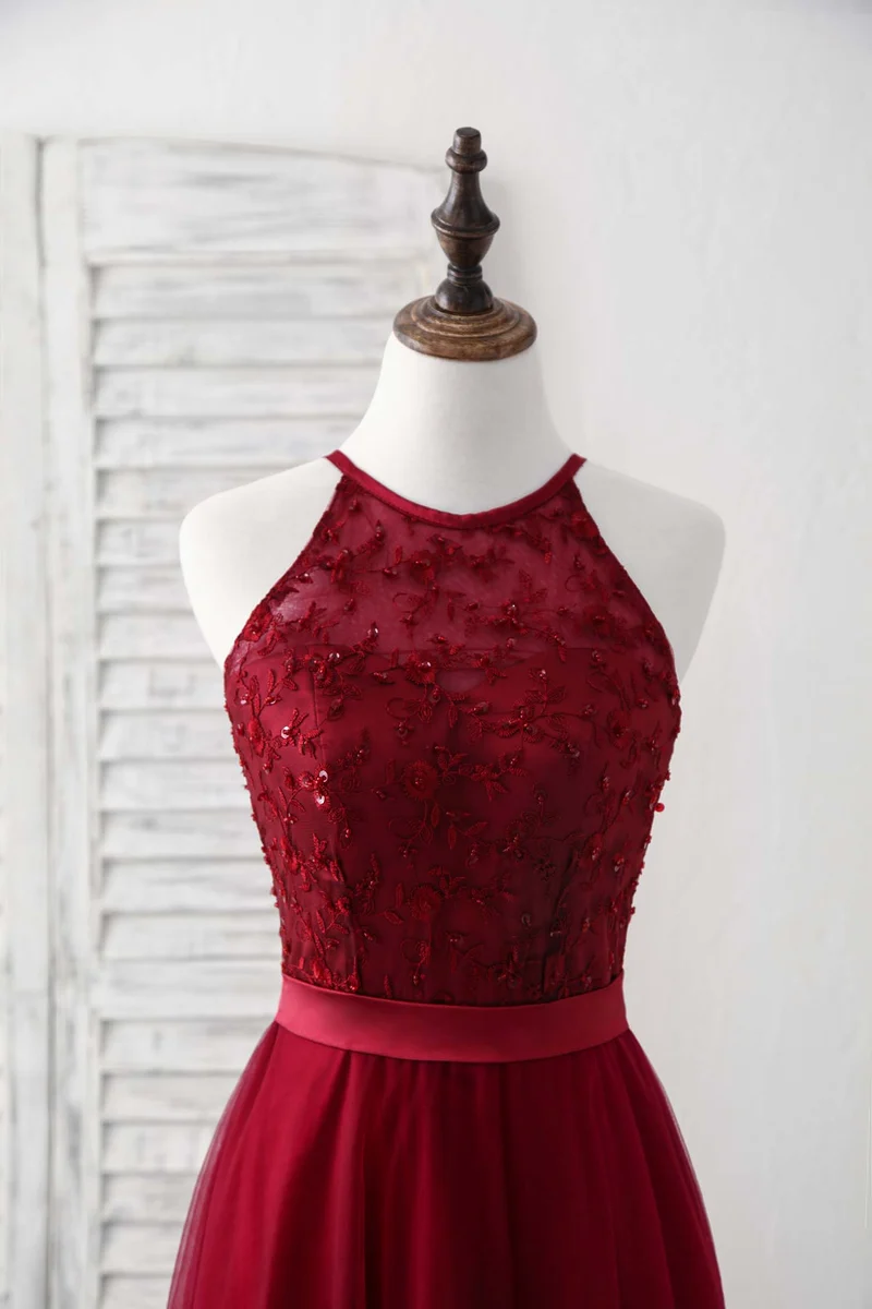 Robe de demoiselle d'honneur élégante en tulle bordeaux et dentelle, longue, pour occasions spéciales