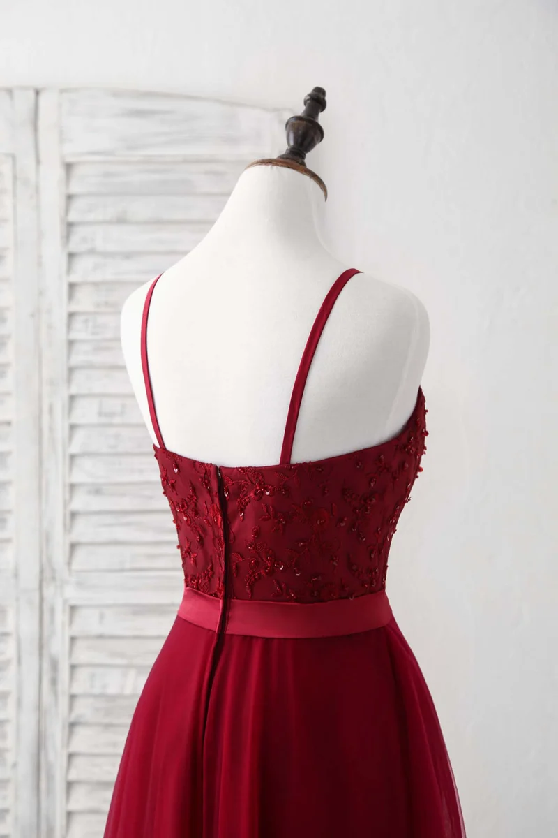 Robe de demoiselle d'honneur élégante en tulle bordeaux et dentelle, longue, pour occasions spéciales