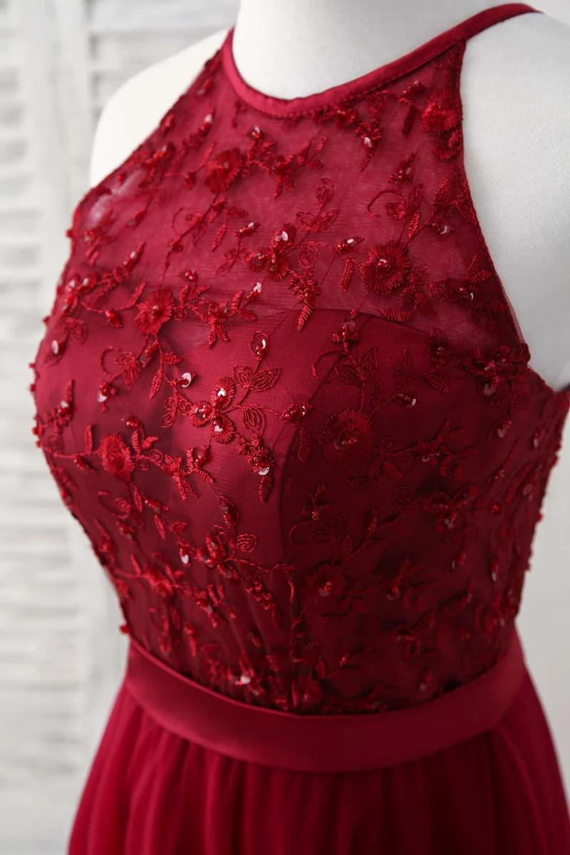 Robe de demoiselle d'honneur élégante en tulle bordeaux et dentelle, longue, pour occasions spéciales