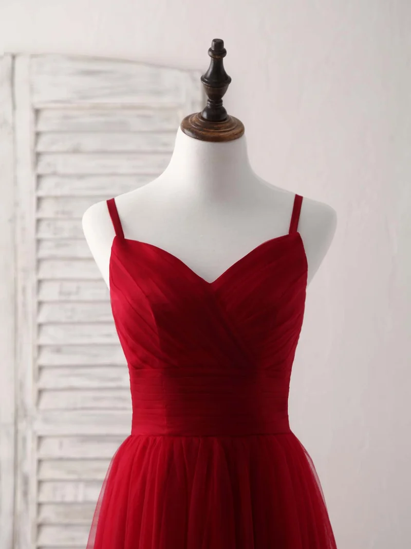 Robe de bal élégante en tulle bordeaux à décolleté en cœur, pour demoiselles d'honneur et soirée