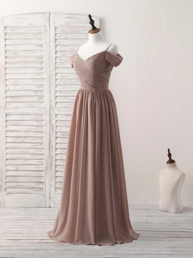 Robe de demoiselle d'honneur élégante en mousseline de soie champagne foncé à col en V